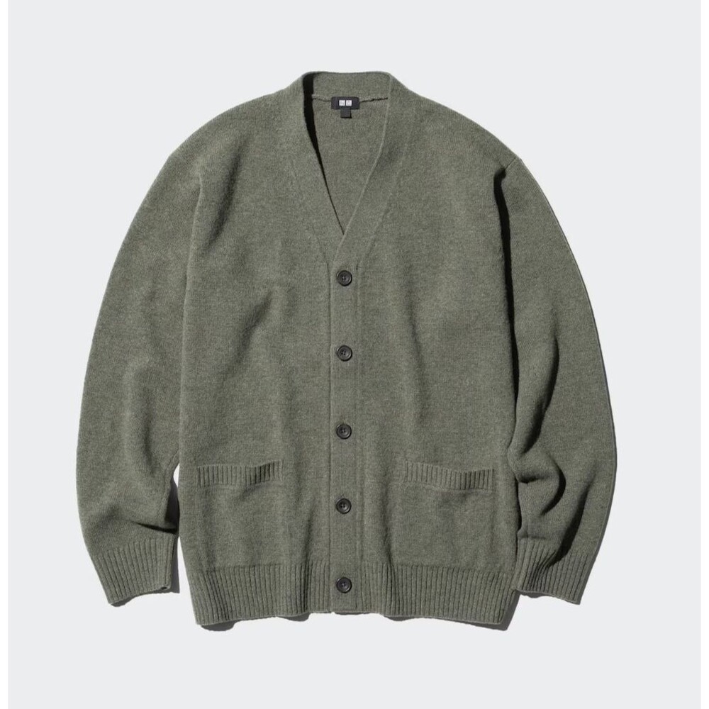 Uniqlo Lambswool Cardigan XS Unisex 100% Wool Olive V Neck Button Sweater